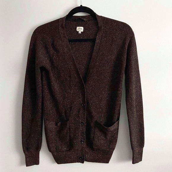 WILFRED SILK CASHMERE CARDIGAN METALLIC BROWN GOLD HOLIDAY QUIET LUXURY ARITZIA - Picture 1 of 7